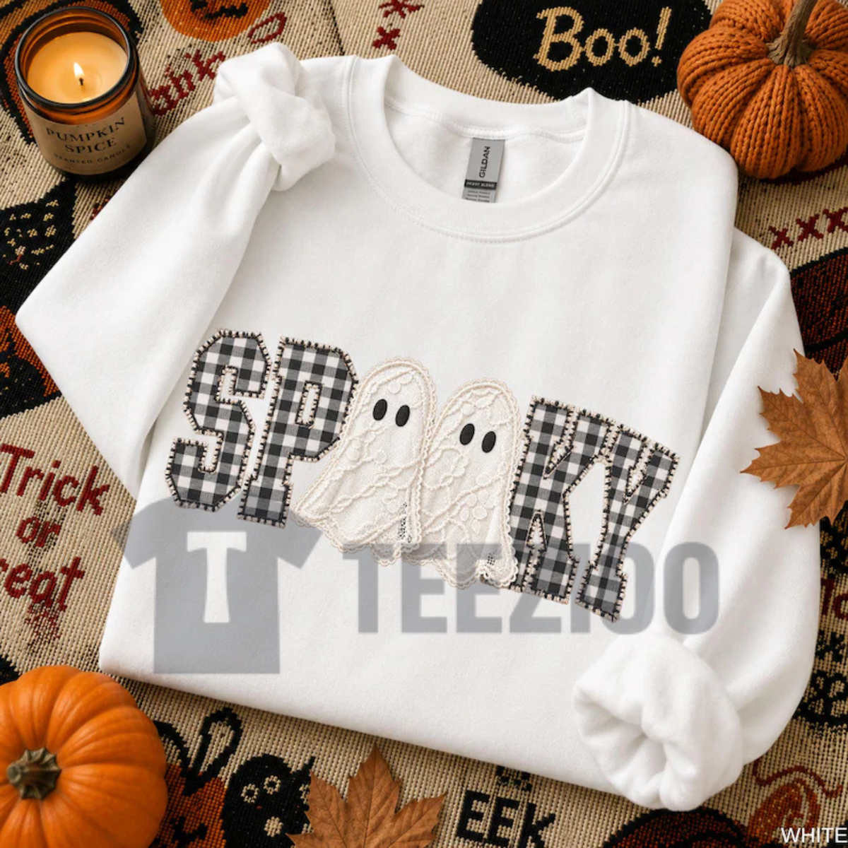 Gingham Spooky Ghost Sweatshirt - Cozy Fall Autumn Graphic Pullover