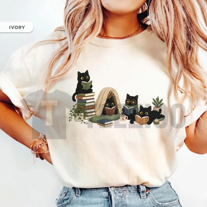 Black Cat Reading Shirt - Cozy Book Lover Graphic Tee