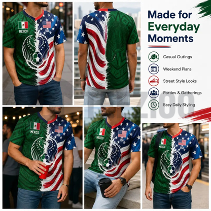Split Half Mexico Green Tribal & US Stars Stripes Athletic V-Neck Shirt - Dual Heritage Soccer Jersey