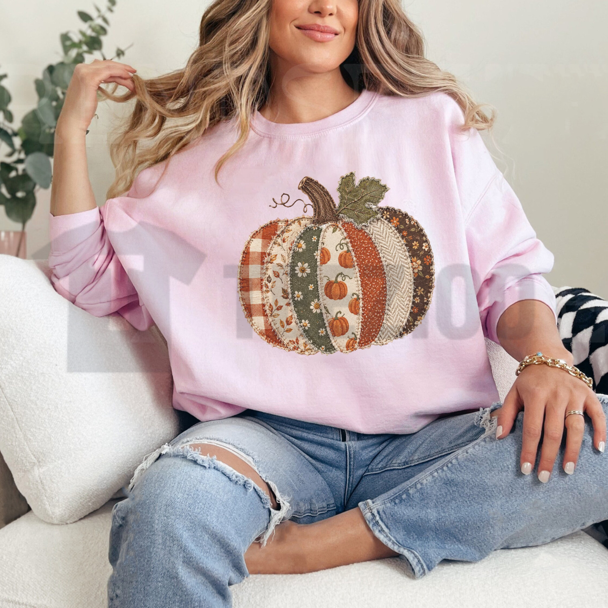 Comfort Colors® Faux Patchwork Fall Pumpkin Sweatshirt - Checkered Thanksgiving Crewneck