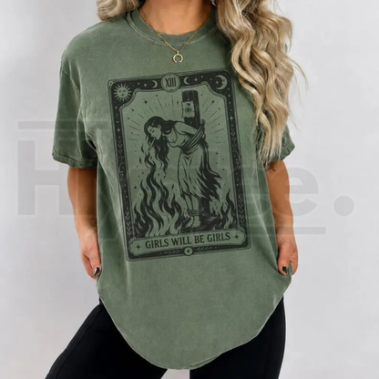 Girls Will Be Girls Witch Comfort Colors Shirt – Feminist Halloween Graphic Tee