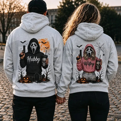 Hubby Wifey Halloween Spooky Season Couple Hoodies - Retro Skeleton Matching Pullover
