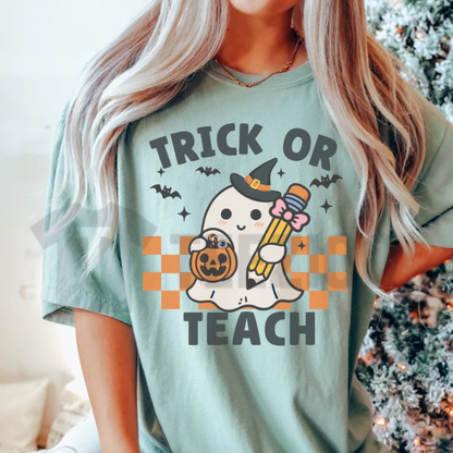 Retro Ghost Teacher Halloween Shirt - "Trick or Teach" Educator Tee