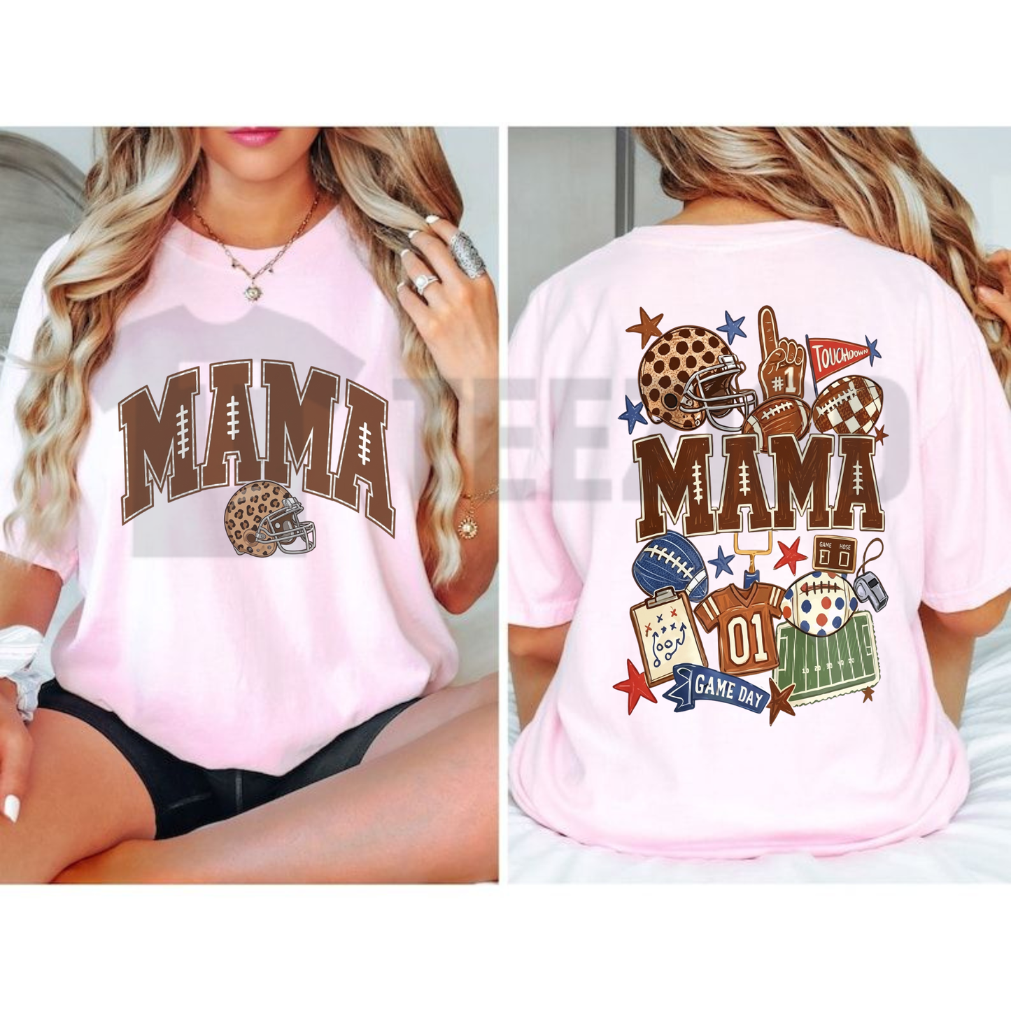 Mama Football Coquette Bow Leopard Shirt - Game Day 2-Sided Sports Mom Tee