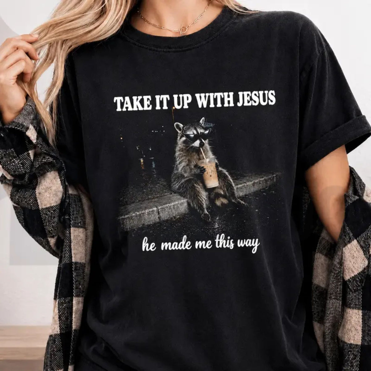 Grunge Raccoon Drinking Bubble Tea Christian Comfort Colors Shirt