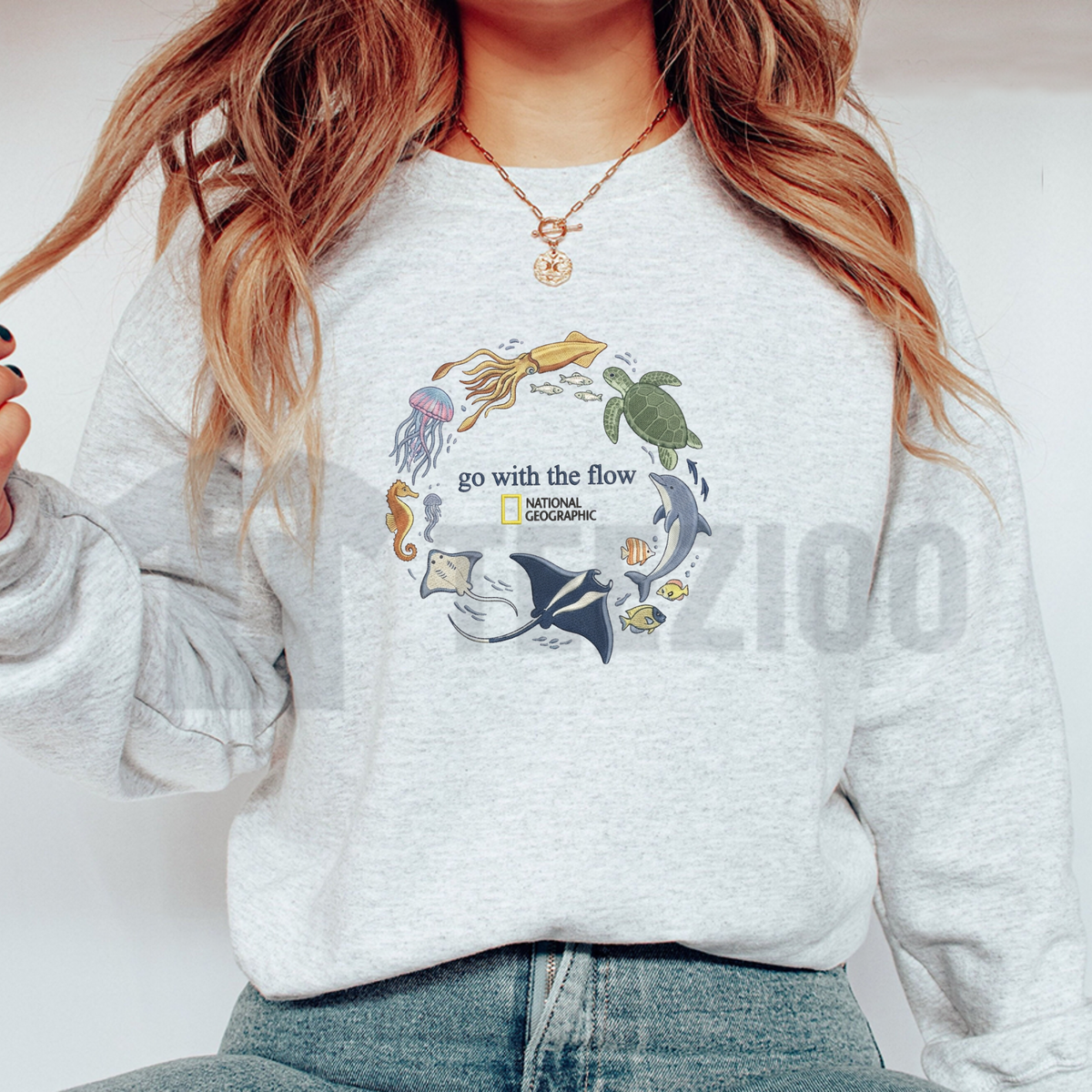 Go With The Flow Embroidered Sweatshirt - Marine Life Coastal Crewneck