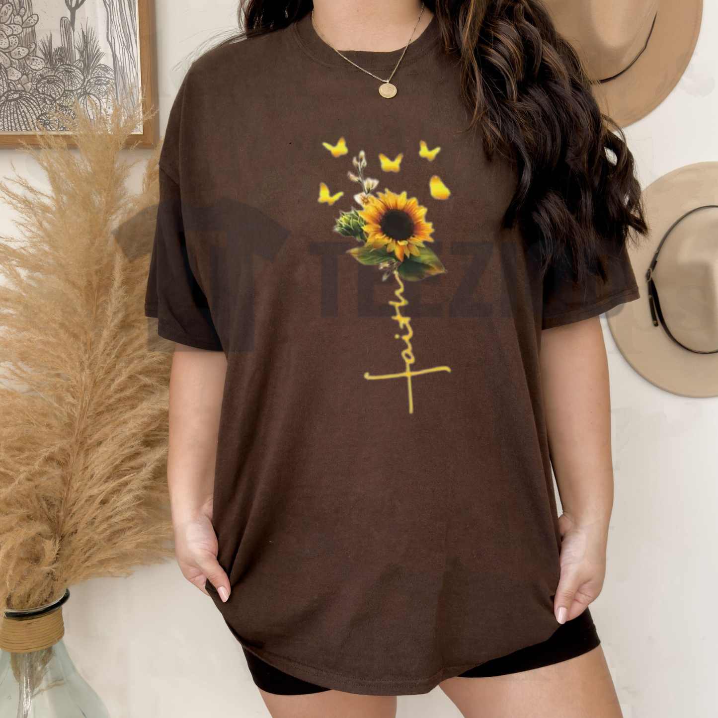 Sunflower Faith Cross T-Shirt - Yellow Butterflies Christian Graphic Cotton Tee