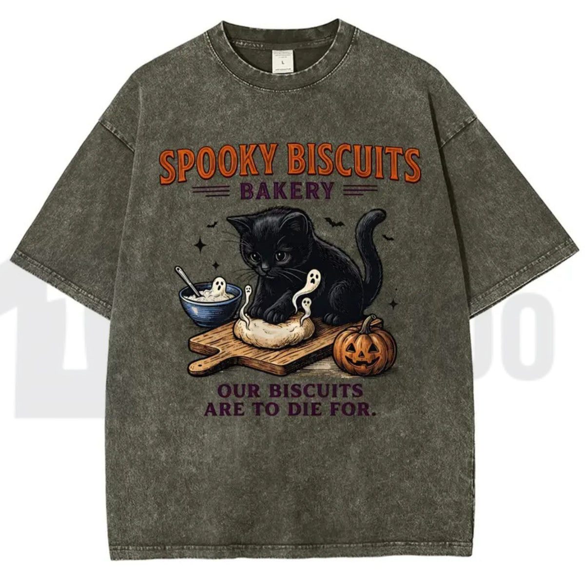 Spooky Black Cat Vintage Graphic Tee – Oversized Halloween Acid-Wash Shirt