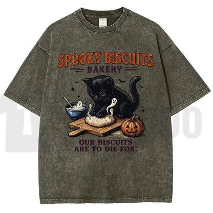 Spooky Black Cat Vintage Graphic Tee – Oversized Halloween Acid-Wash Shirt