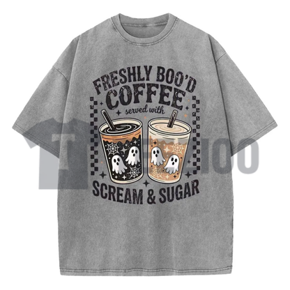 Funny Scream And Sugar Ghost Coffee Washed Shirt - Retro Horror Parody Graphic Tee