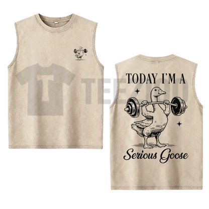 Funny Serious Goose Gym Washed Tank Top - Retro Acid Wash Bodybuilding Muscle Tee