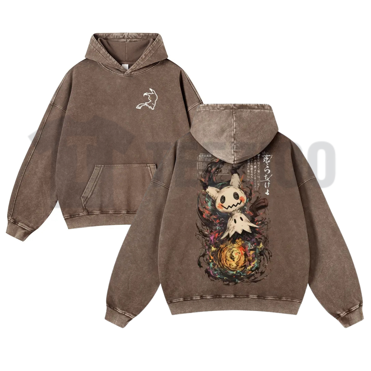 Mimikyu Japanese Ink-Wash Washed Hoodie - Yokai Graphic Streetwear Pullover