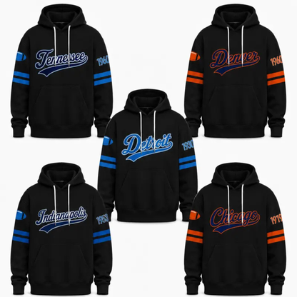 Unisex Football City Graphic Hoodie - Black Pullover Back Helmet Art