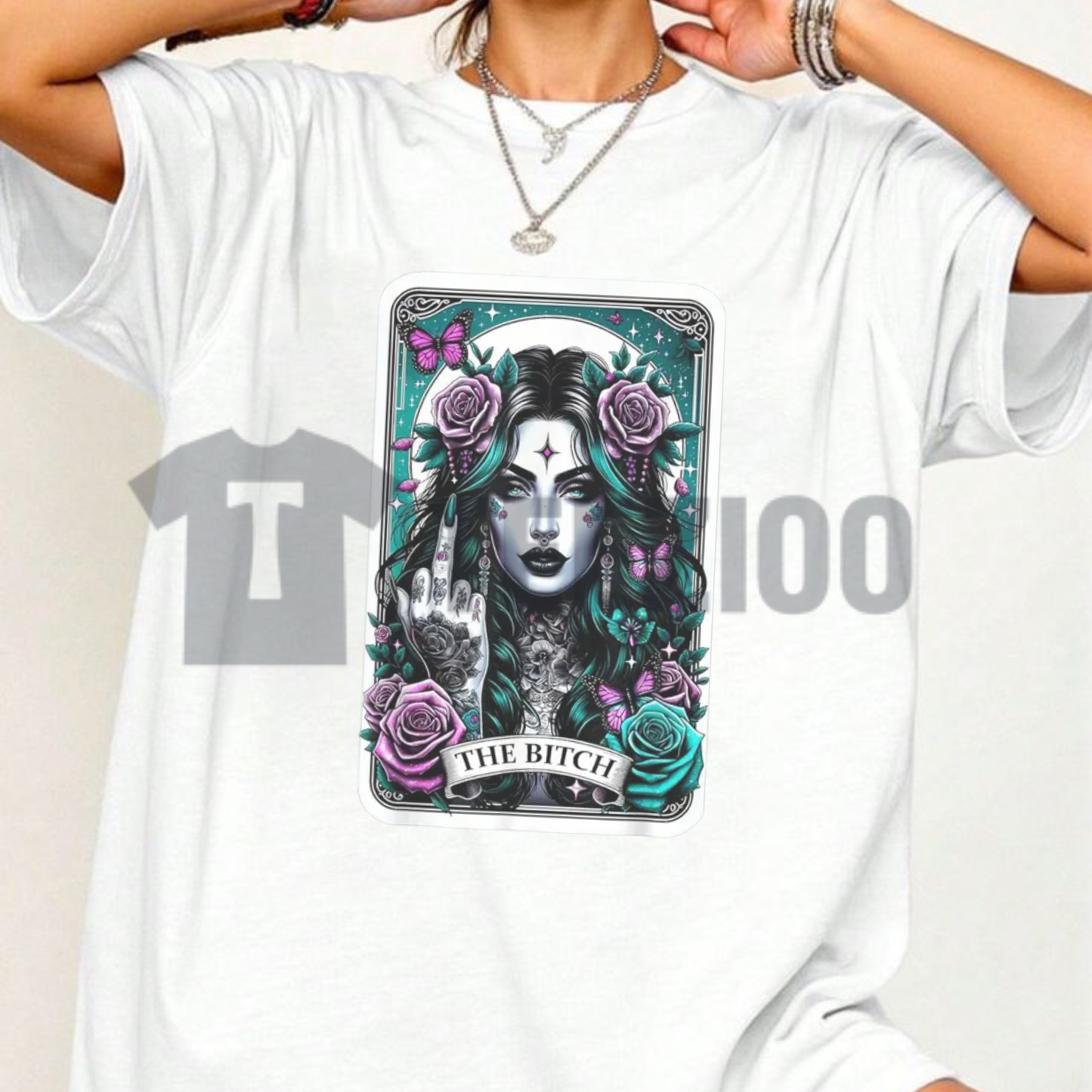 "The Bitch" Gothic Tarot Card T-Shirt - Funny Middle Finger Graphic Cotton Tee