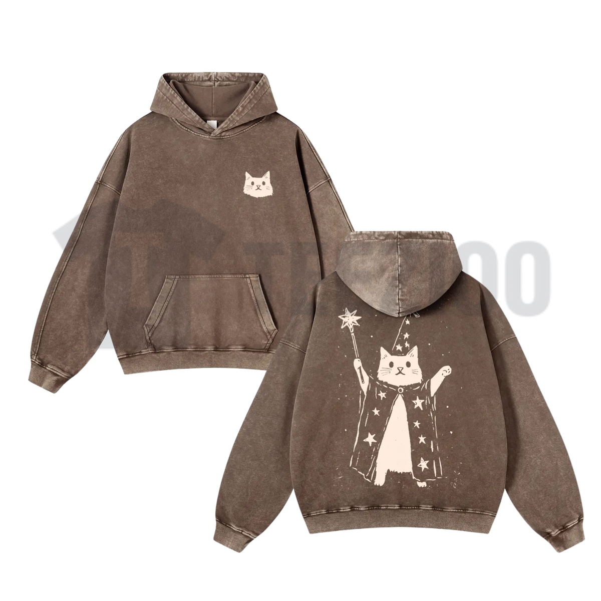 Washed Wizard Cat Hoodie - Aesthetic Pre-Shrunken Graphic Pullover