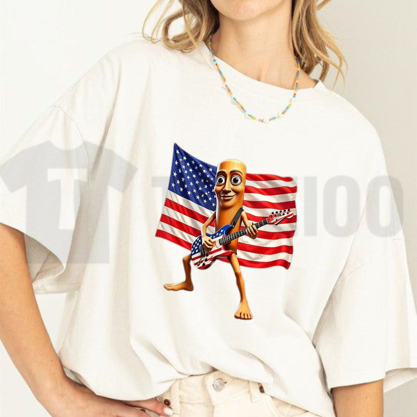 American Flag Guitar Tung Tung Tung Sahur Funny 4th of July Patriotic Meme T-Shirt