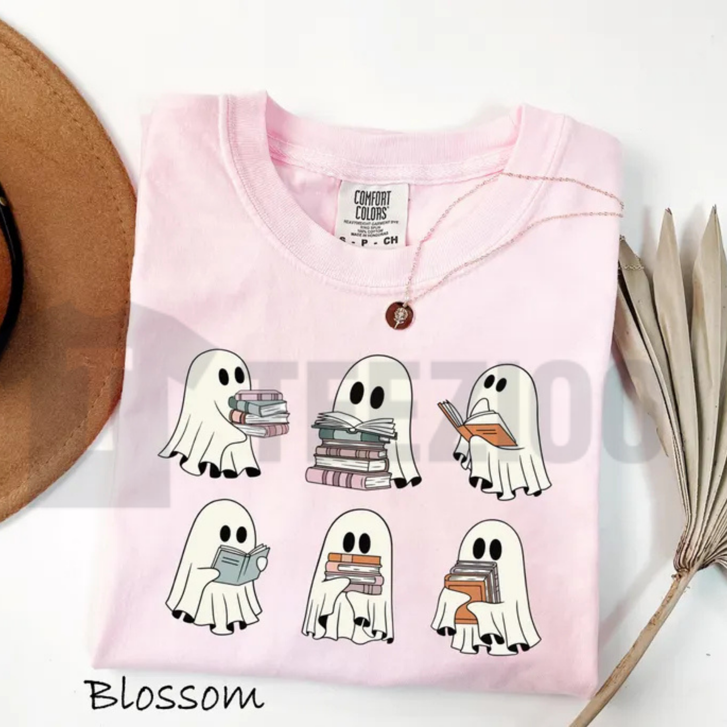 Spooky Halloween Bookshelf Comfort Colors Shirt – Ghost Reader Tee