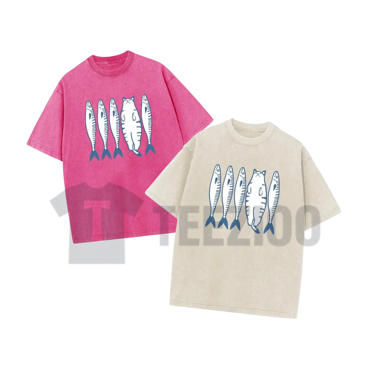 Cotton Acid Wash Cat And Fish Shirt - Retro Cartoon Graphic Tee