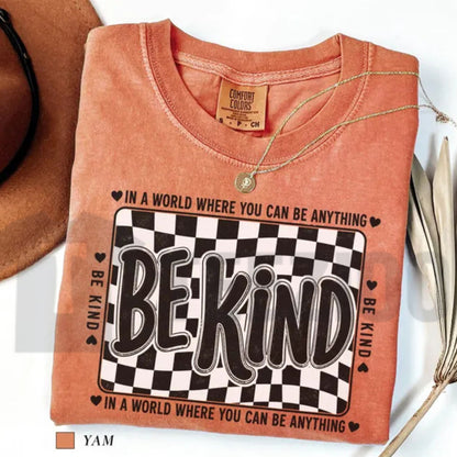 Comfort Colors Checkered Be Kind Tee – Retro Motivational Teacher Shirt
