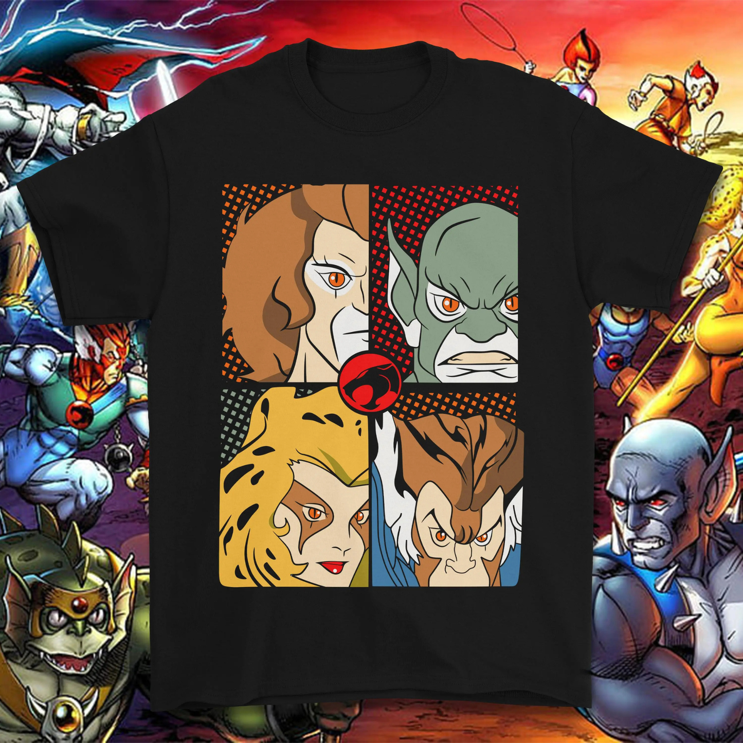 Vintage 80s Cartoon Thundercats Graphic Tee - Retro Character Grid Print Shirt