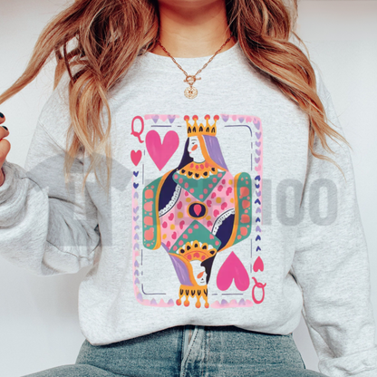 Queen Of Hearts Graphic Sweatshirt - Retro Playing Card Crewneck