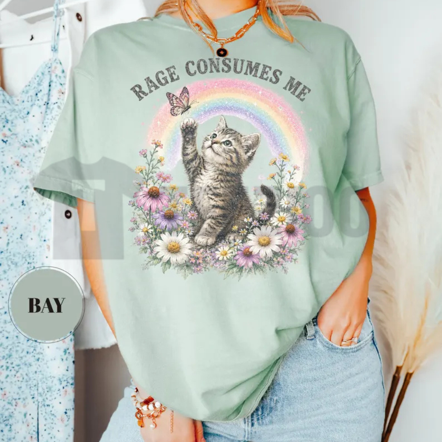 "Rage Consumes Me" Funny Cat Shirt - Retro Rainbow Kitten Tee