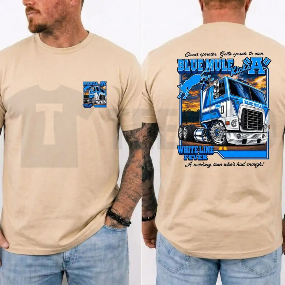 Outlaw Country Top – Blue Mule White Line Fever Trucker Band Graphic Apparel