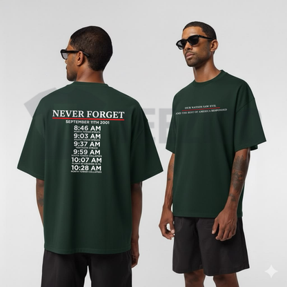 "Never Forget" September 11 Memorial Timeline Shirt - Patriotic Honor Graphic Tee
