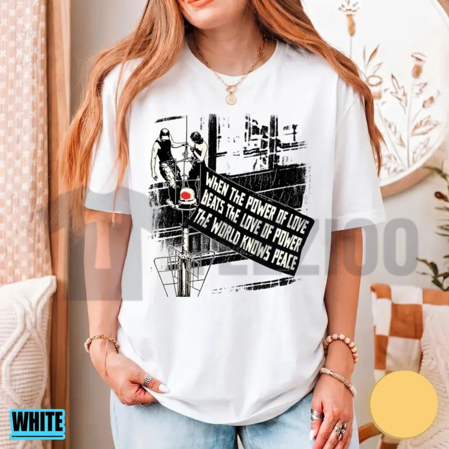 "When The Power Of Love Beats The Love Of Power" T-Shirt - Retro Aesthetic Peace Banner Graphic Tee