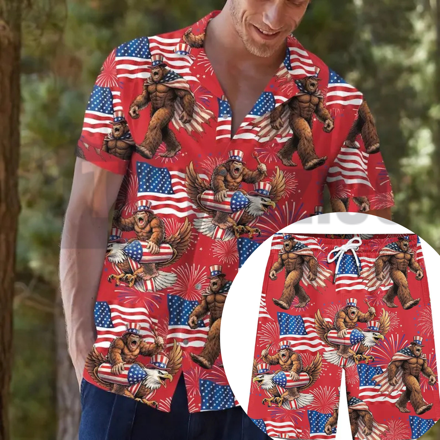 Bigfoot Firework Hawaiian Set – Patriotic USA Flag Aloha Button-Up