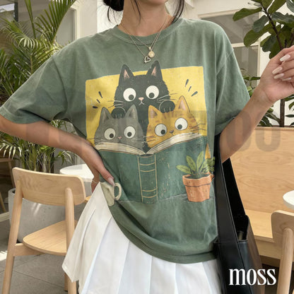 Retro Curious Reading Cats Comfort Colors Shirt – Book Lover Graphic Tee