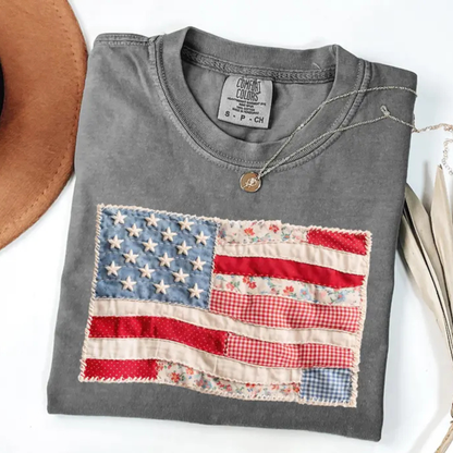 Faux Patchwork USA Flag T-Shirt – Retro Patriotic Graphic Tee