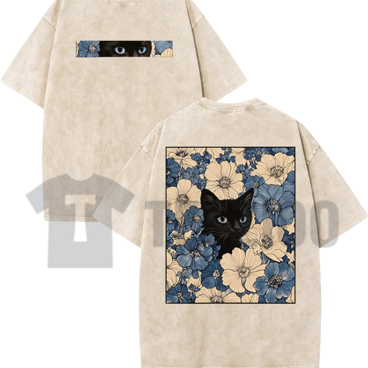 Vintage Cat in the Flowers T-Shirt – Double-Sided Botanical Kitten Graphic Tee