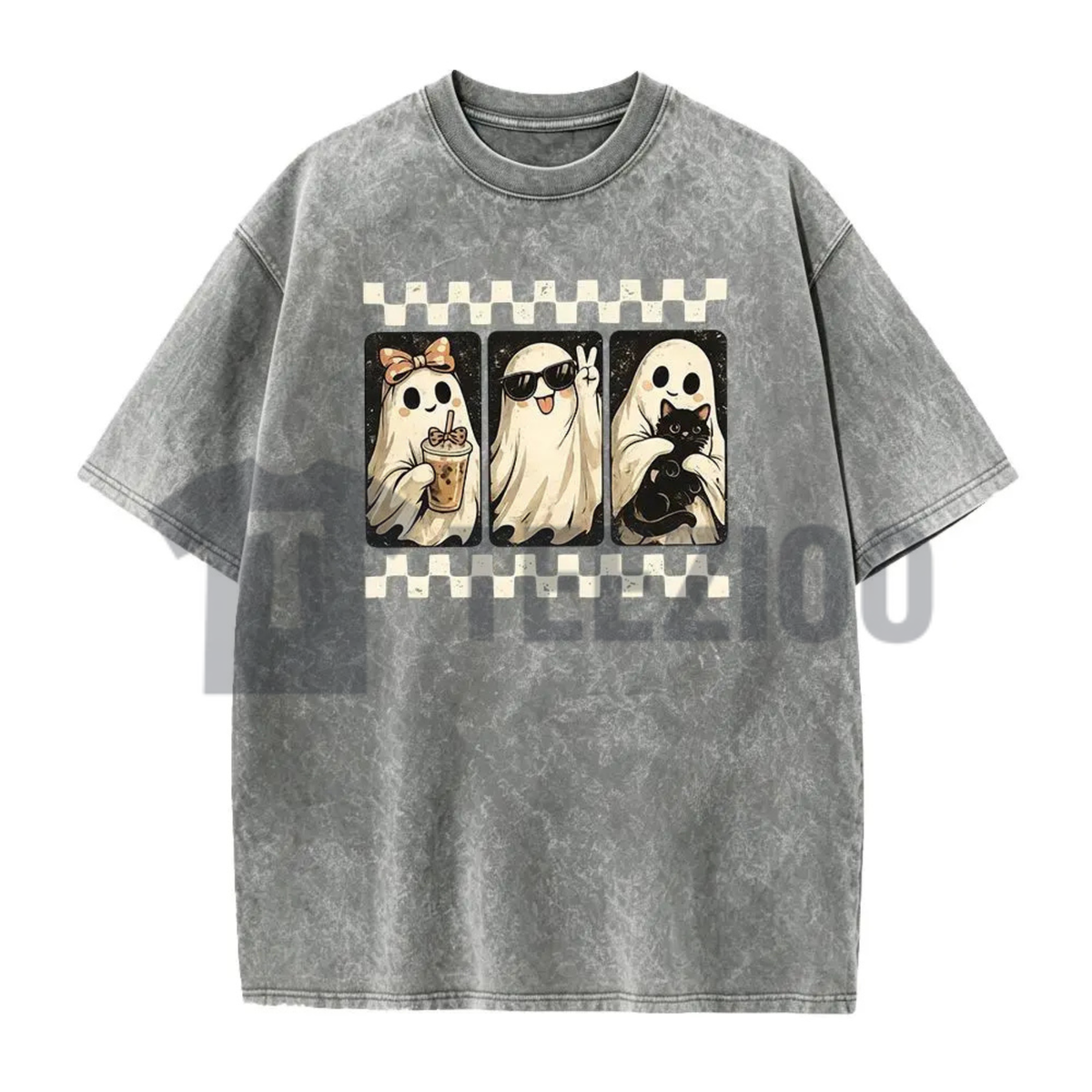 Spooky Theme Short Sleeve Tee - Halloween Black Cat & Ghost Collage Shirt