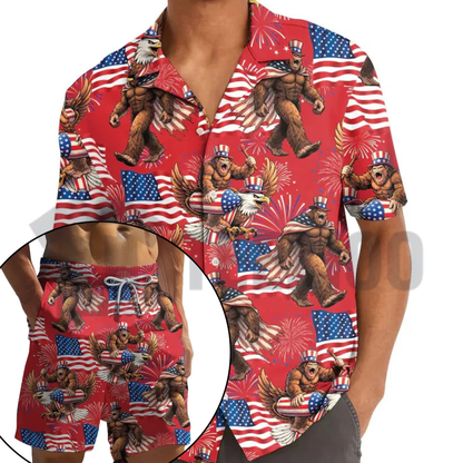 Bigfoot Firework Hawaiian Set – Patriotic USA Flag Aloha Button-Up