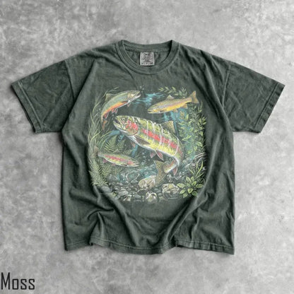 Comfort Colors Vintage Trout Fishing T-Shirt – Retro River Fish Graphic Tee, Aesthetic Angler Nature Shirt, Outdoorsman Gift