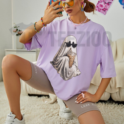Ghost Drinking Coffee Shirt - Retro Spooky Season Iced Latte Tee