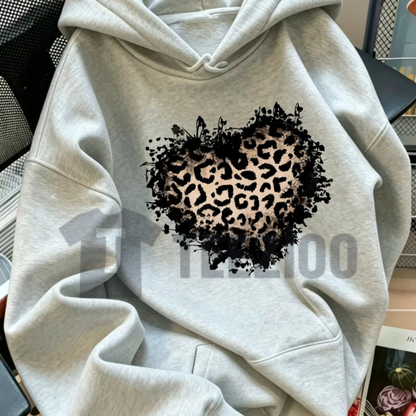 Women's Vintage Distressed Leopard Print Heart Hoodie - Y2K Alt Graphic Pullover