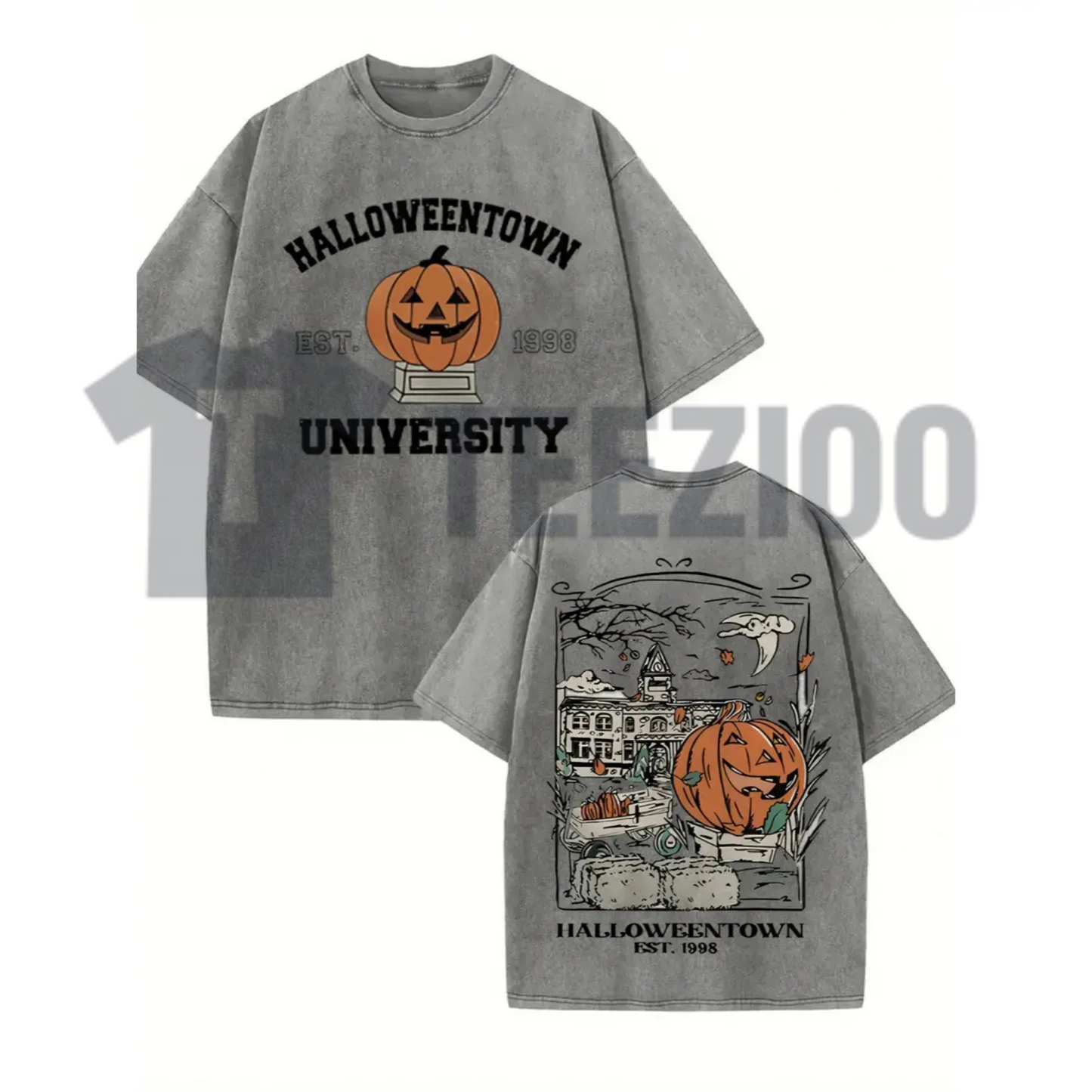 "Halloweentown University Est 1998" T-Shirt - Vintage Washed Black Oversized Front & Back Print Tee