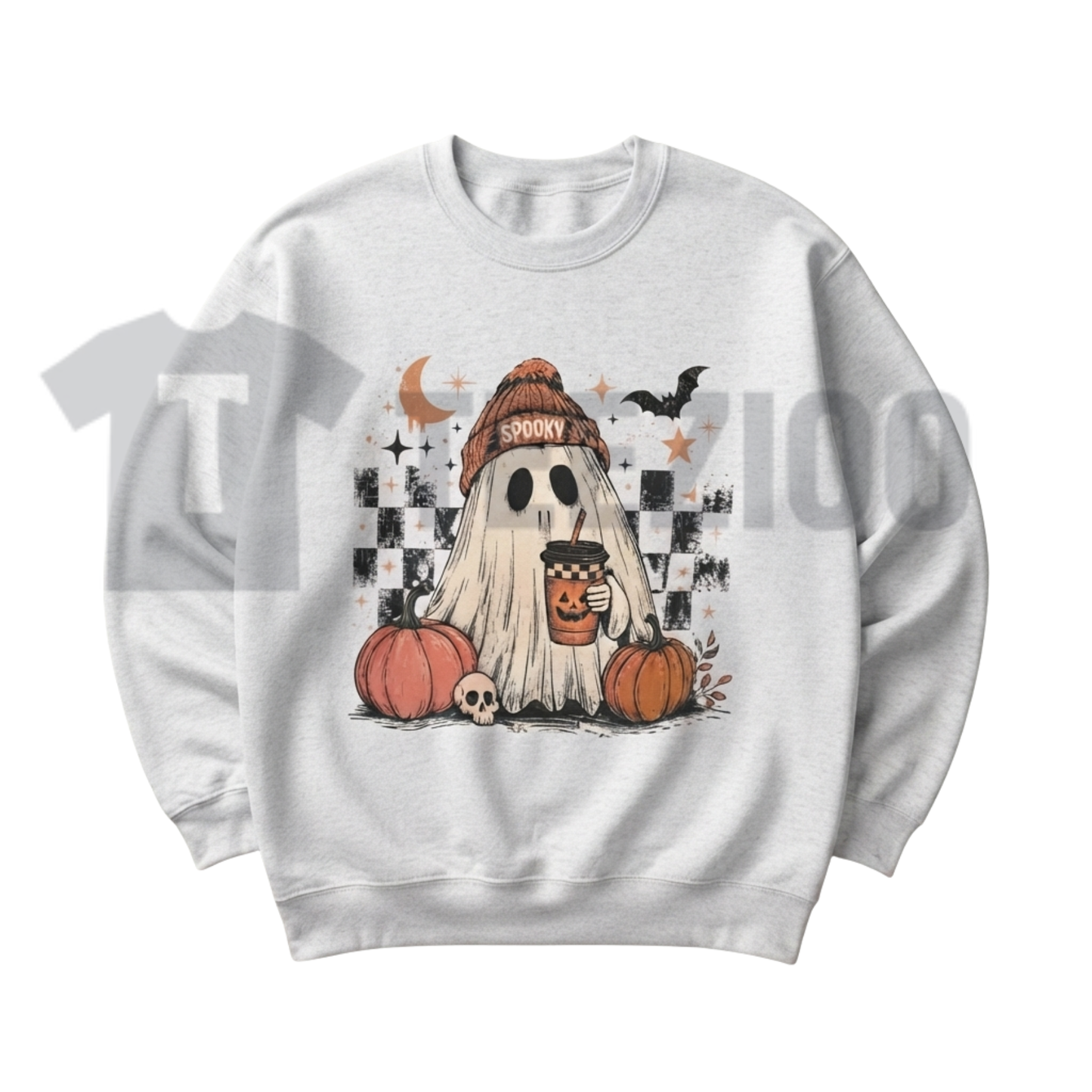 Ghost Checker Graphic Sweatshirt - Retro Checkerboard Ghost Crewneck