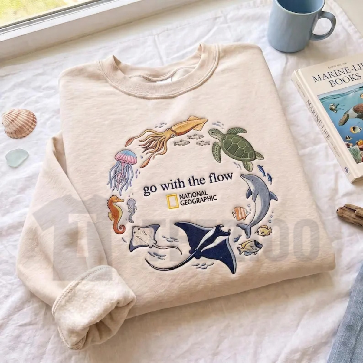 Go With The Flow Embroidered Sweatshirt - Marine Life Coastal Crewneck