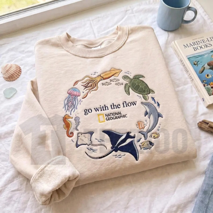 Go With The Flow Embroidered Sweatshirt - Marine Life Coastal Crewneck