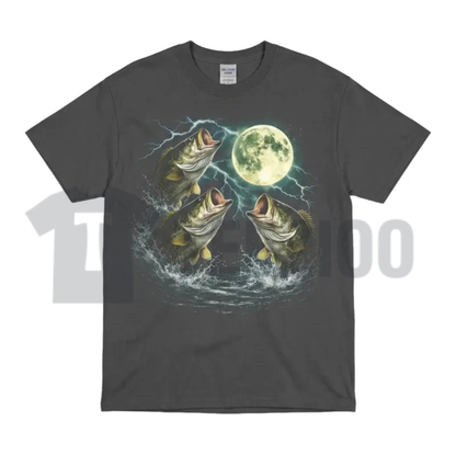 Bass Fish Moon 90s Vintage Graphic T-Shirt - Retro Largemouth Bass Fishing Tee
