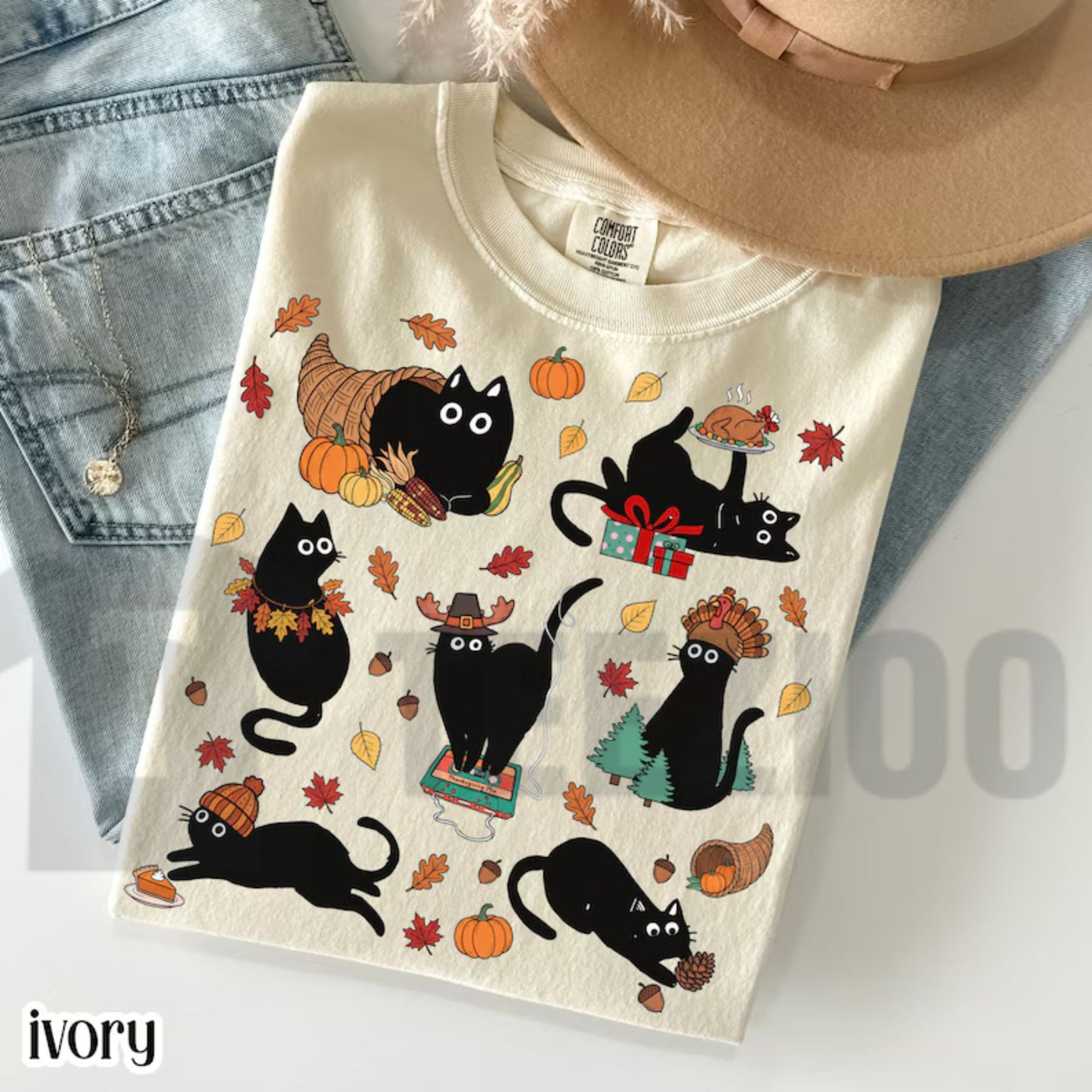 Thanksgiving Black Cat Comfort Colors Shirt – Retro Autumn Cozy Season Tee