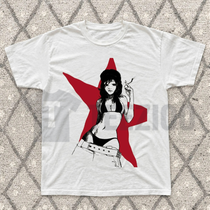 Cyberpunk Red Star Anime Girl Shirt - Vintage Futurist Graphic Tee