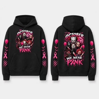In October We Wear Pink Spooky Ribbon Hoodie - Breast Cancer Support Pullover