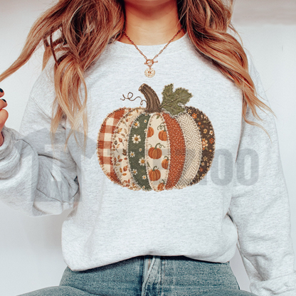 Comfort Colors® Faux Patchwork Fall Pumpkin Sweatshirt - Checkered Thanksgiving Crewneck
