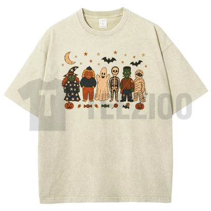 Halloween Acid Wash Shirt - Retro Witches Ghosts Pumpkin Graphic Tee