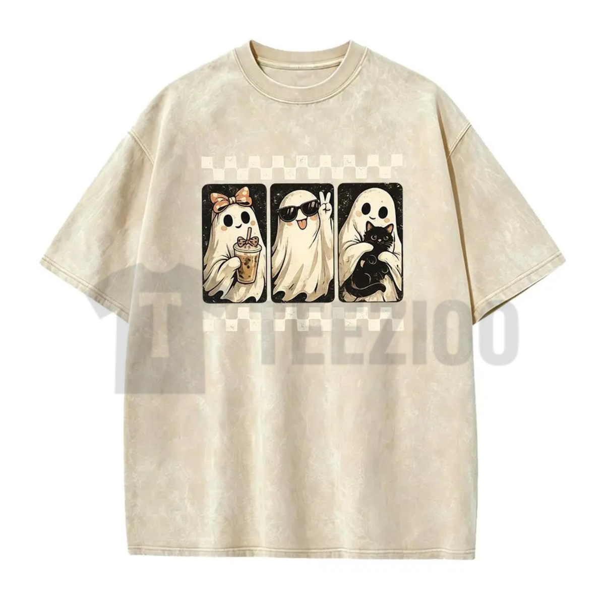 Spooky Theme Short Sleeve Tee - Halloween Black Cat & Ghost Collage Shirt