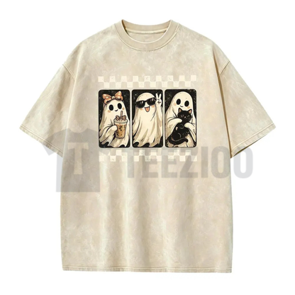 Spooky Theme Short Sleeve Tee - Halloween Black Cat & Ghost Collage Shirt